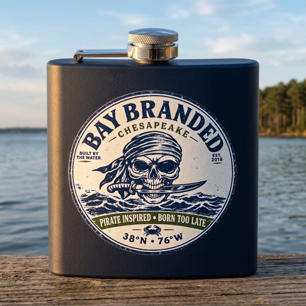 Pirate Inspired Born Too Late Flask - 6oz Stainless Steel Hip Flask