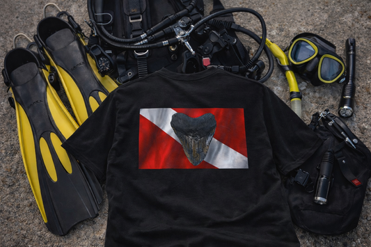 Bay Branded Dive Flag Comfort Colors Shirt – Megalodon Miocene Adventure Tee