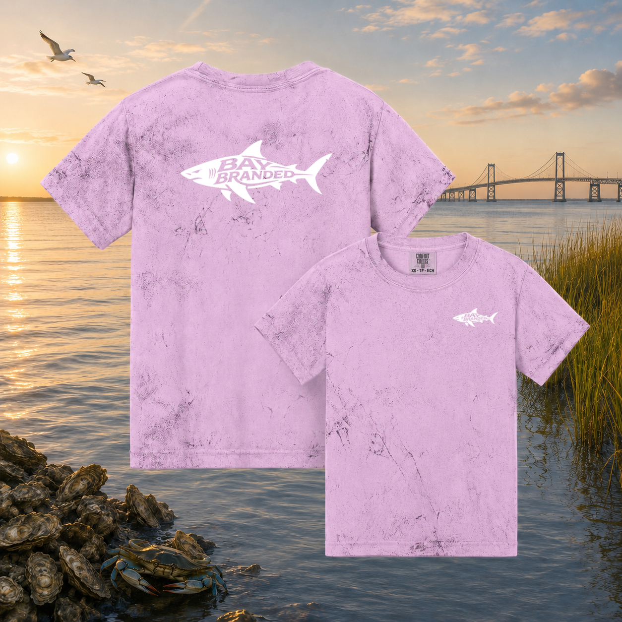 Bay Branded Youth Fishing Tee — Distressed Megalodon Shark Logo