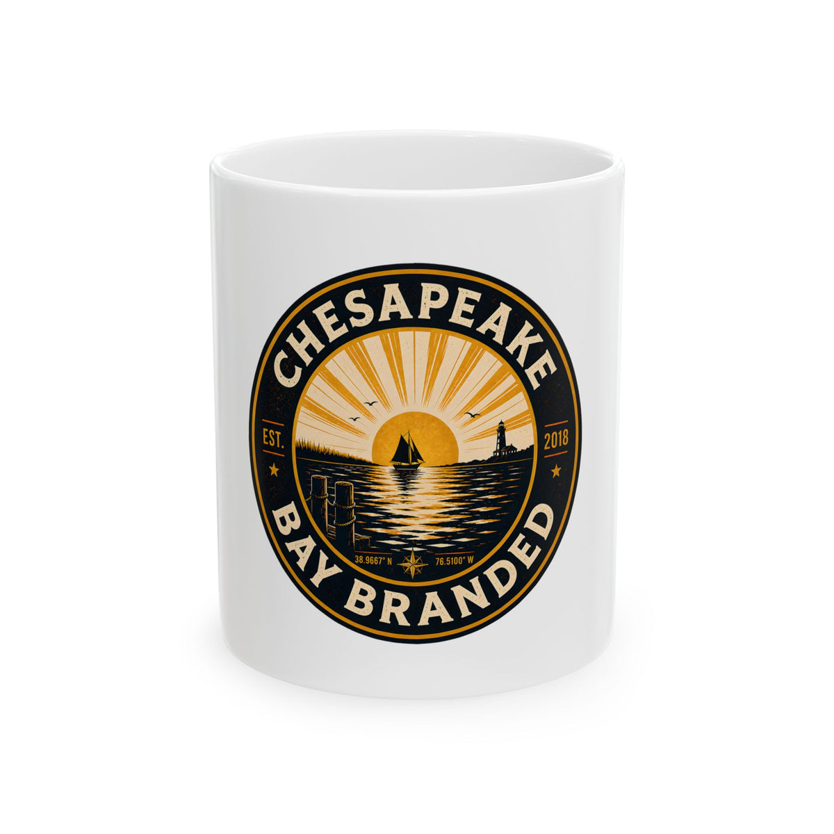 Chesapeake Bay Branded Ceramic Mug — Nautical Sunrise Coffee Cup