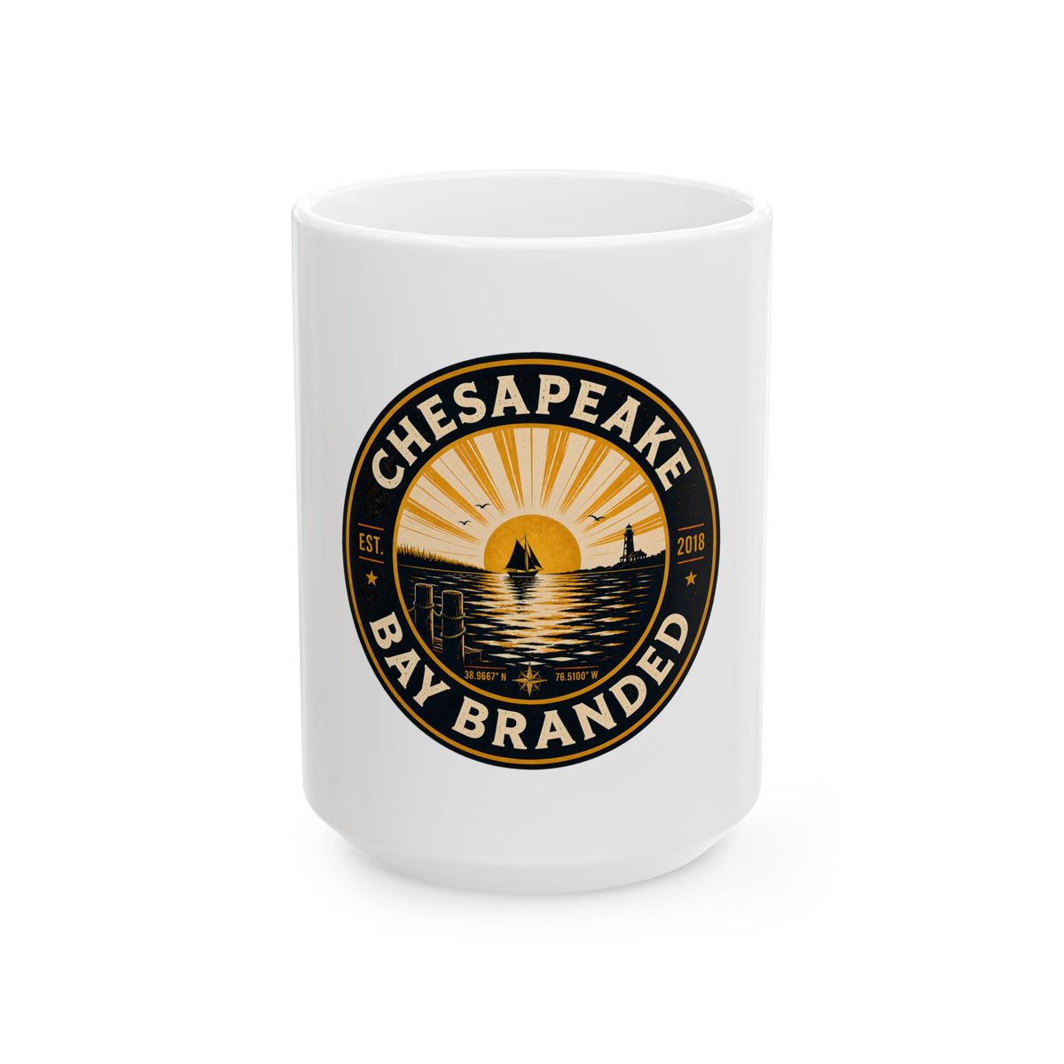Chesapeake Bay Branded Ceramic Mug — Nautical Sunrise Coffee Cup