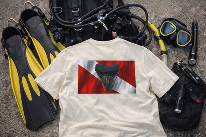 Bay Branded Dive Flag Comfort Colors Shirt – Megalodon Miocene Adventure Tee