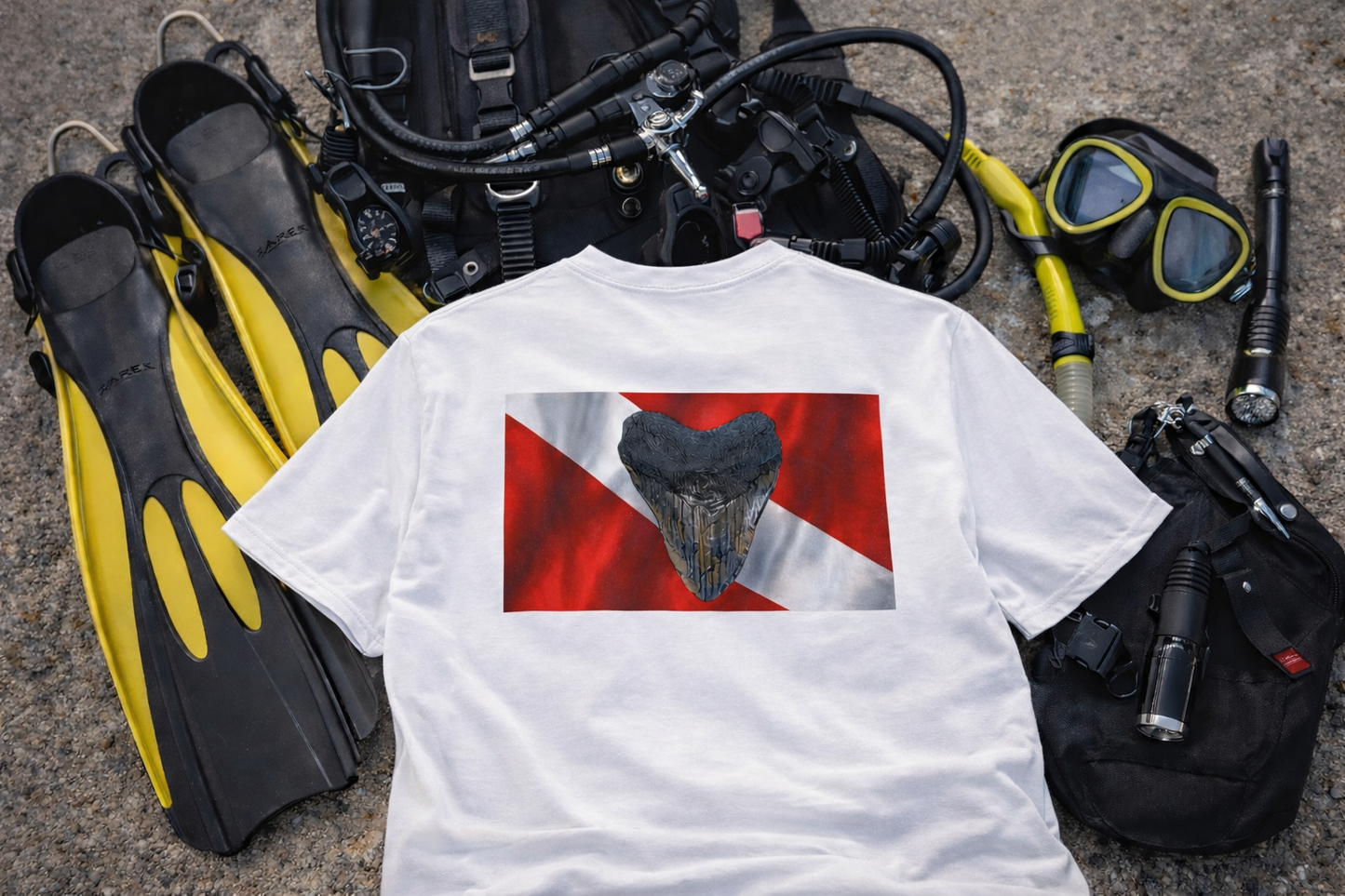 Bay Branded Dive Flag Comfort Colors Shirt – Megalodon Miocene Adventure Tee