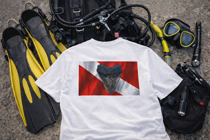 Bay Branded Dive Flag Comfort Colors Shirt – Megalodon Miocene Adventure Tee