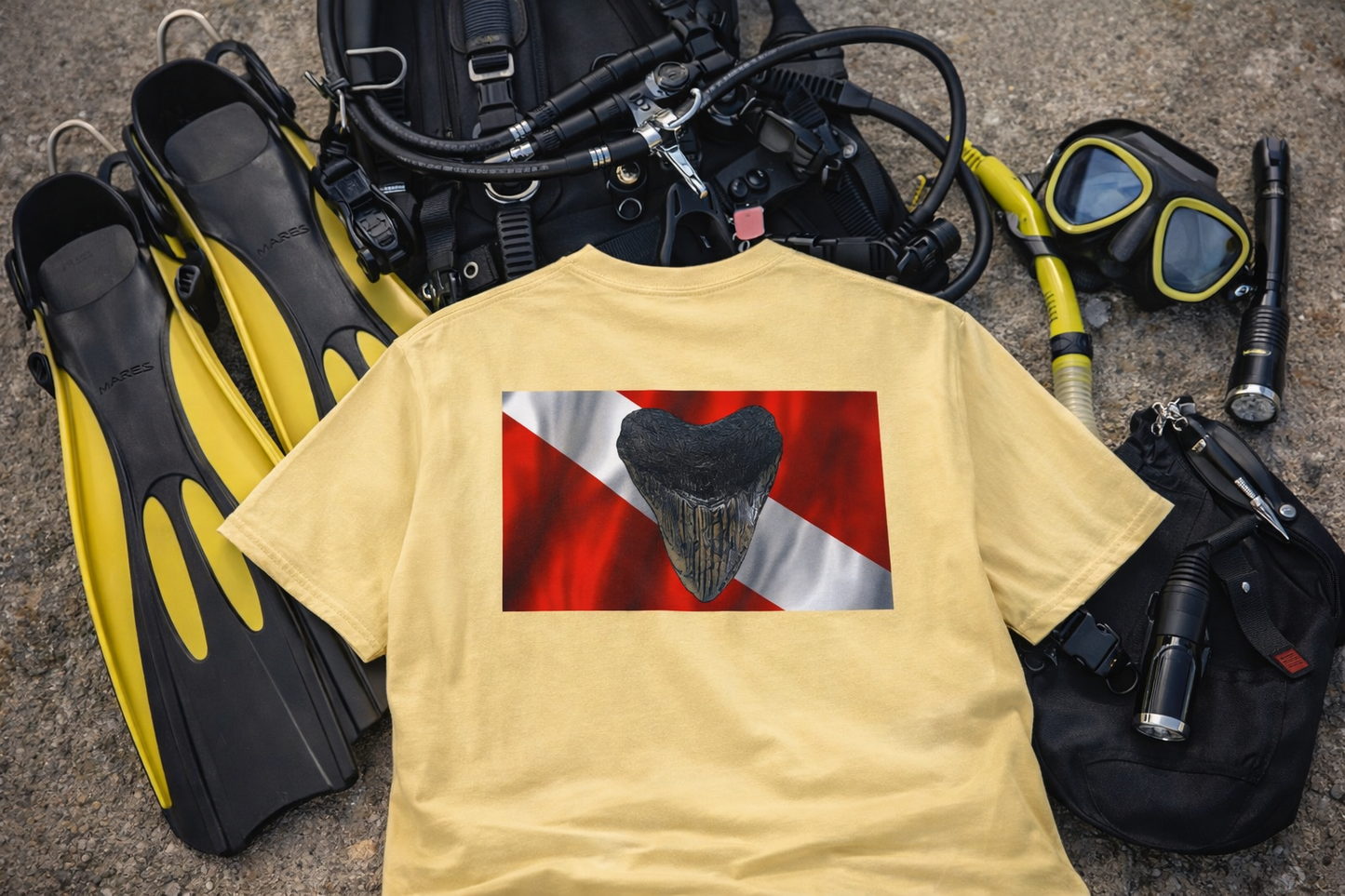 Bay Branded Dive Flag Comfort Colors Shirt – Megalodon Miocene Adventure Tee