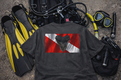 Bay Branded Dive Flag Comfort Colors Shirt – Megalodon Miocene Adventure Tee