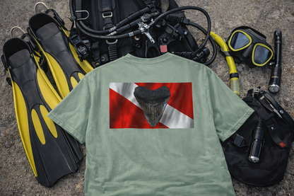 Bay Branded Dive Flag Comfort Colors Shirt – Megalodon Miocene Adventure Tee