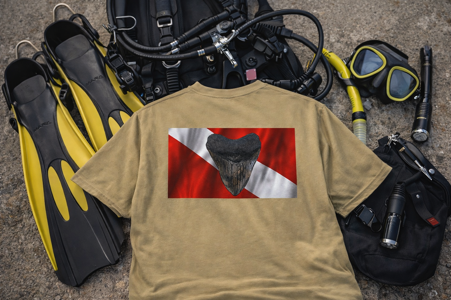 Bay Branded Dive Flag Comfort Colors Shirt – Megalodon Miocene Adventure Tee