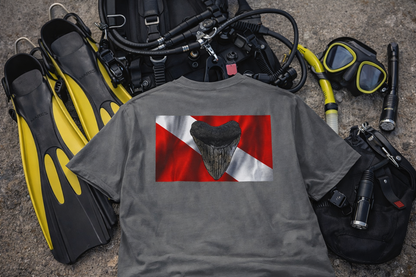 Bay Branded Dive Flag Comfort Colors Shirt – Megalodon Miocene Adventure Tee