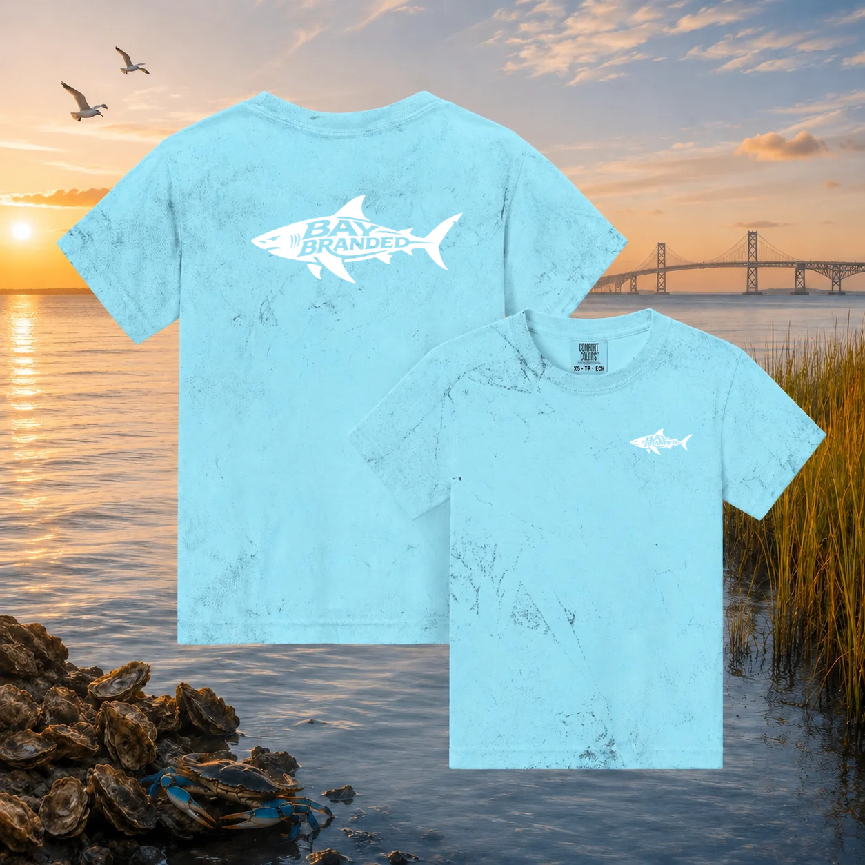 Bay Branded Youth Fishing Tee — Distressed Megalodon Shark Logo