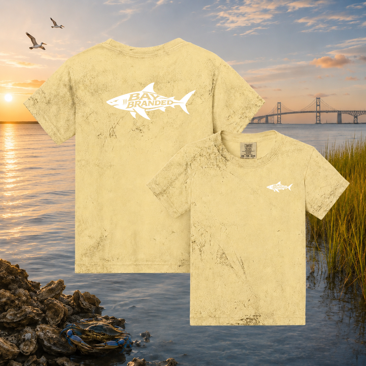 Bay Branded Youth Fishing Tee — Distressed Megalodon Shark Logo