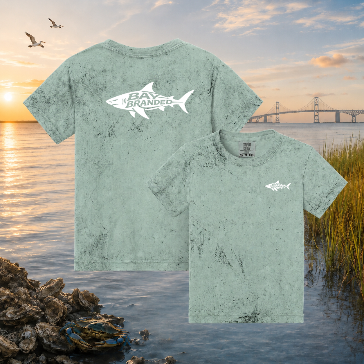 Bay Branded Youth Fishing Tee — Distressed Megalodon Shark Logo