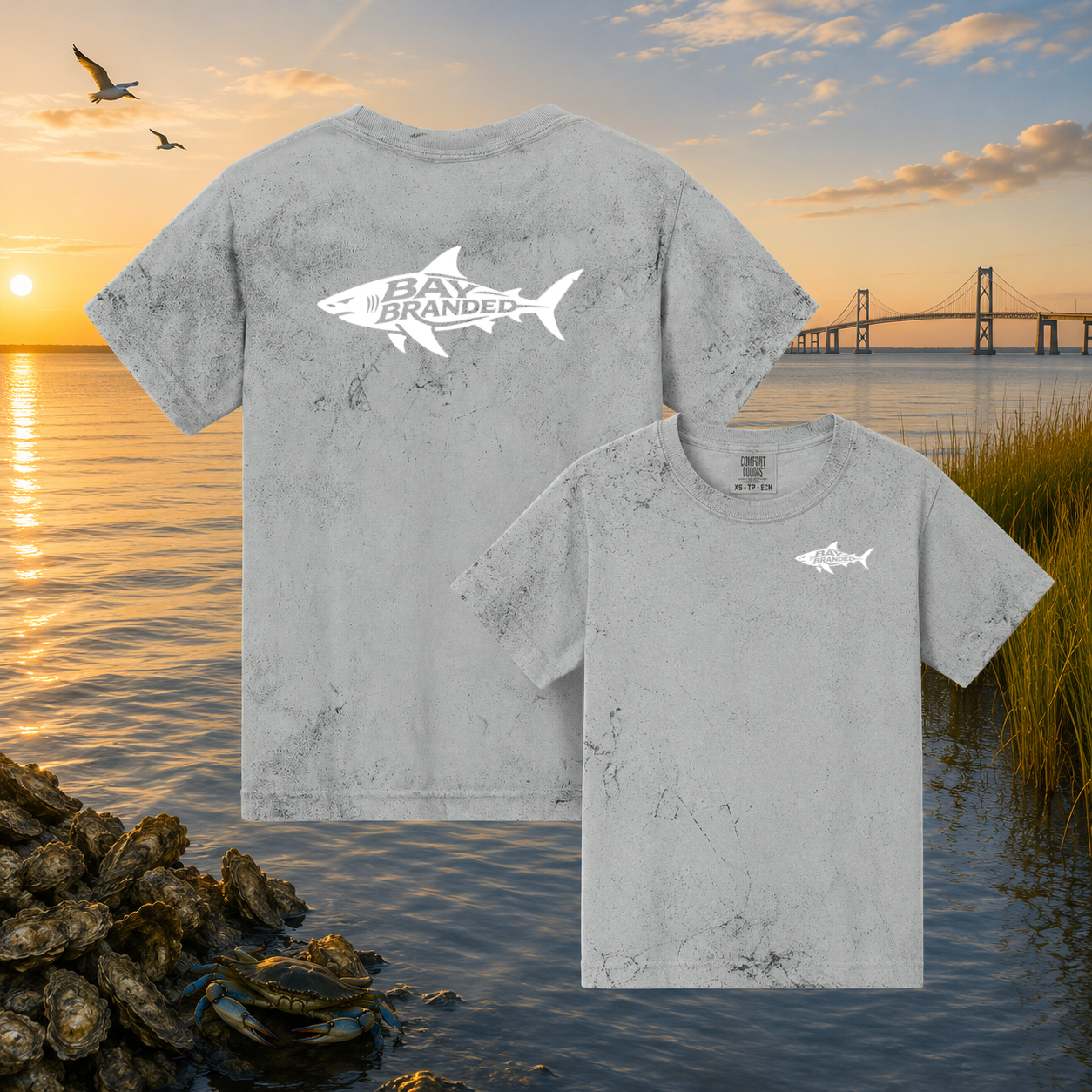 Bay Branded Youth Fishing Tee — Distressed Megalodon Shark Logo
