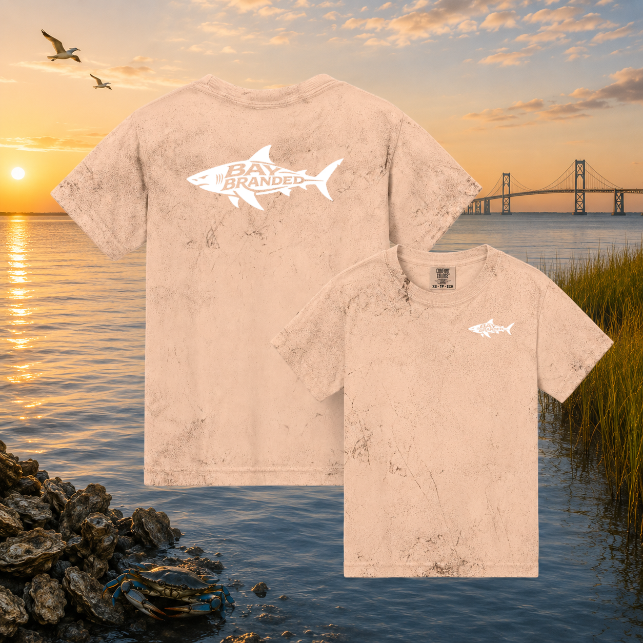 Bay Branded Youth Fishing Tee — Distressed Megalodon Shark Logo