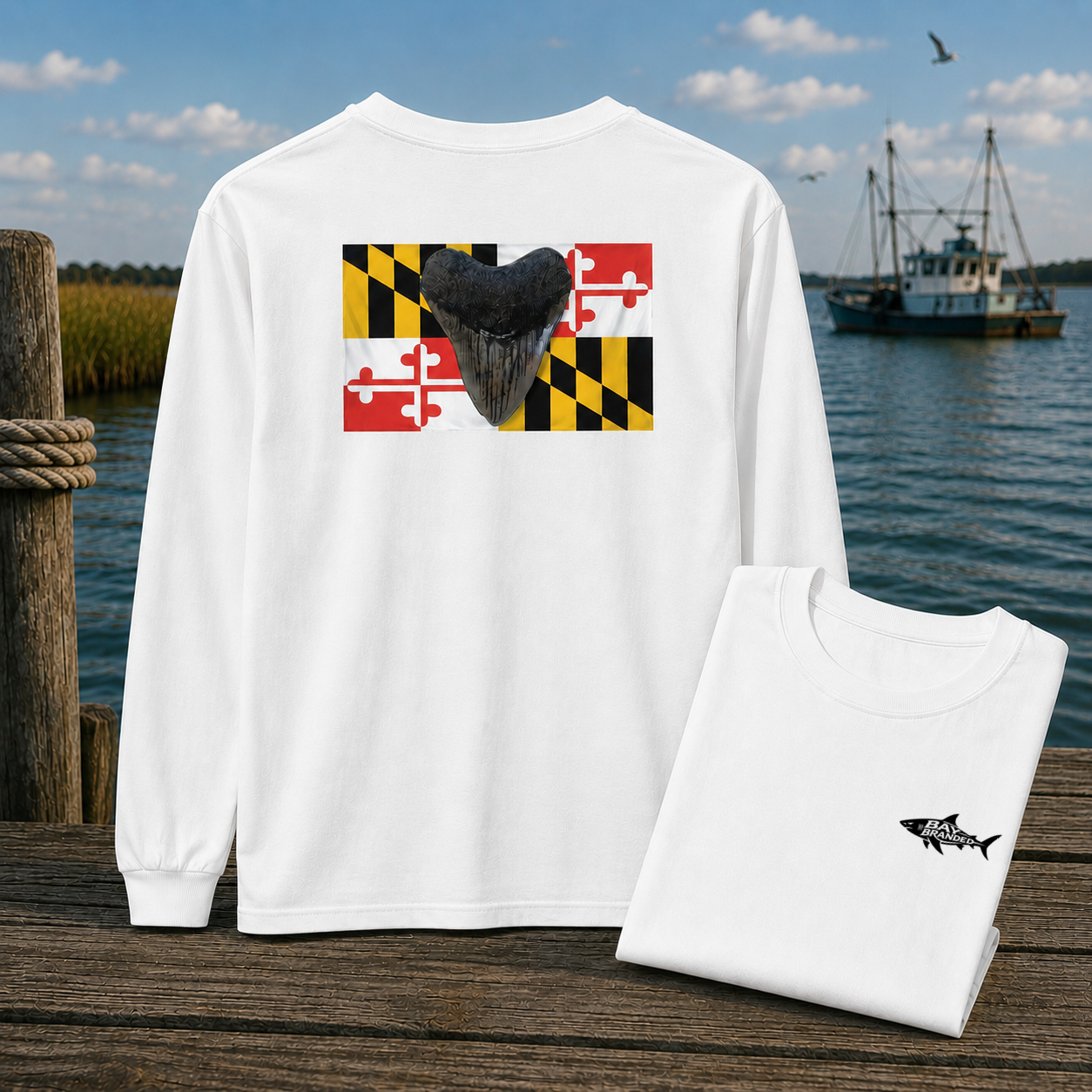 Maryland Flag Megalodon Sharkstooth Long T-Shirt