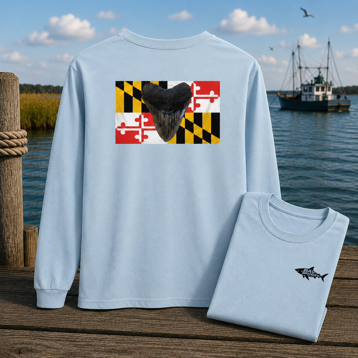 Maryland Flag Megalodon Sharkstooth Long T-Shirt
