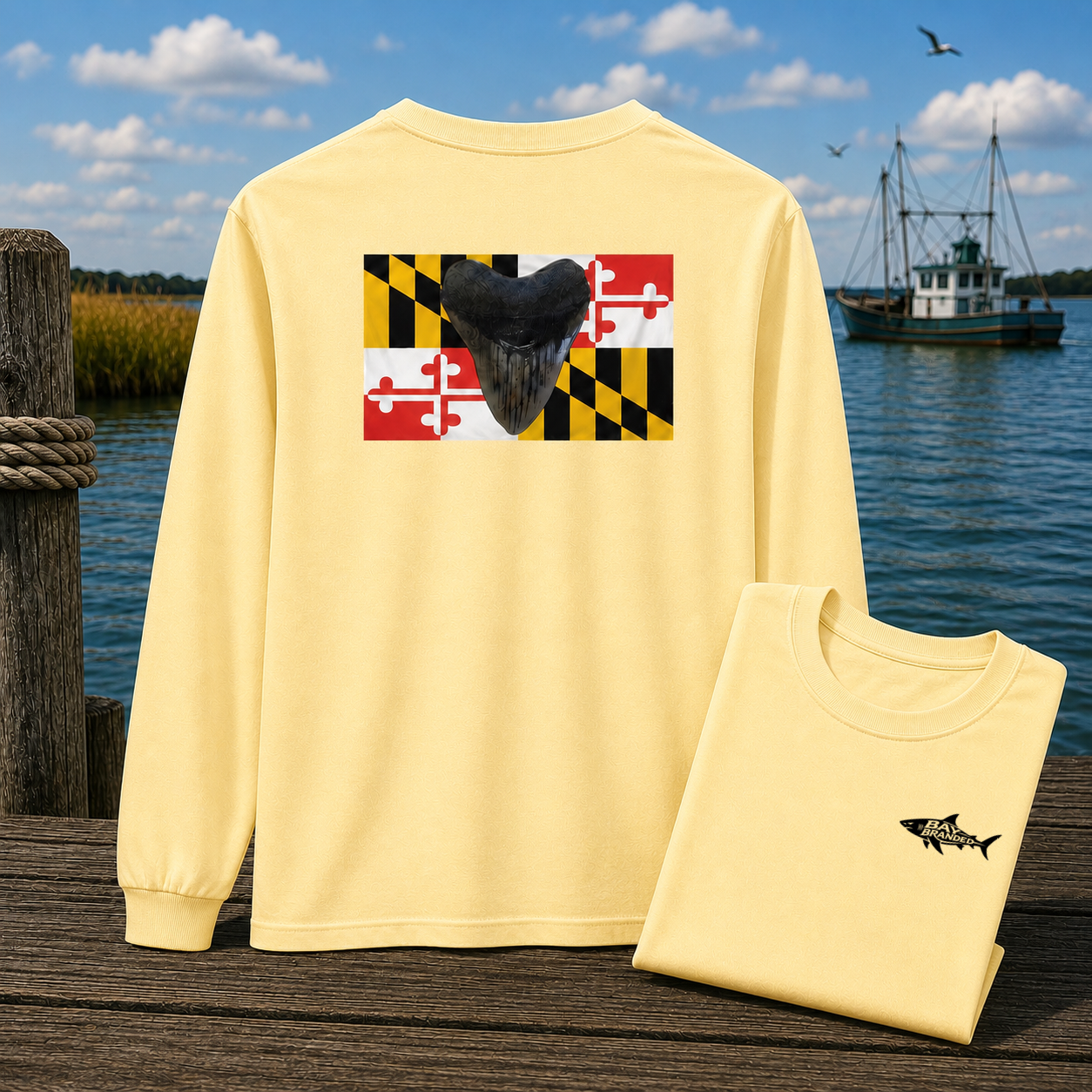 Maryland Flag Megalodon Sharkstooth Long T-Shirt